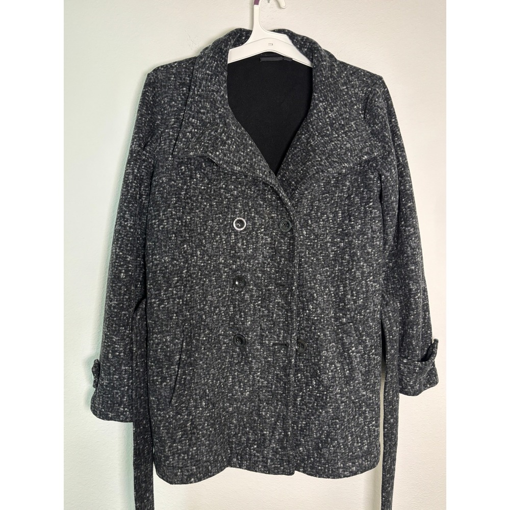 Ike Behar Mens Gray Marled Knit Double Breasted Pea Coat Jacket Belted Size M